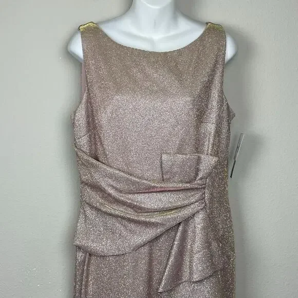 betsy and adam rose gold dress Betsy & Adam Petite Cape-Back Metallic Gown - White Pink Gold main image 0